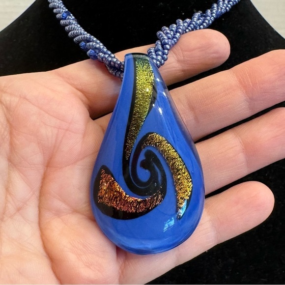 Art Glass Blue Hand Blown Glass Pendant With Seed Bead Multi-Strand Necklace - Picture 2 of 16